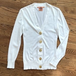 TORY BURCH WHITE 100% COTTON CARDIGAN WITH GOLD ACCENT BUTTONS- SIZE XS